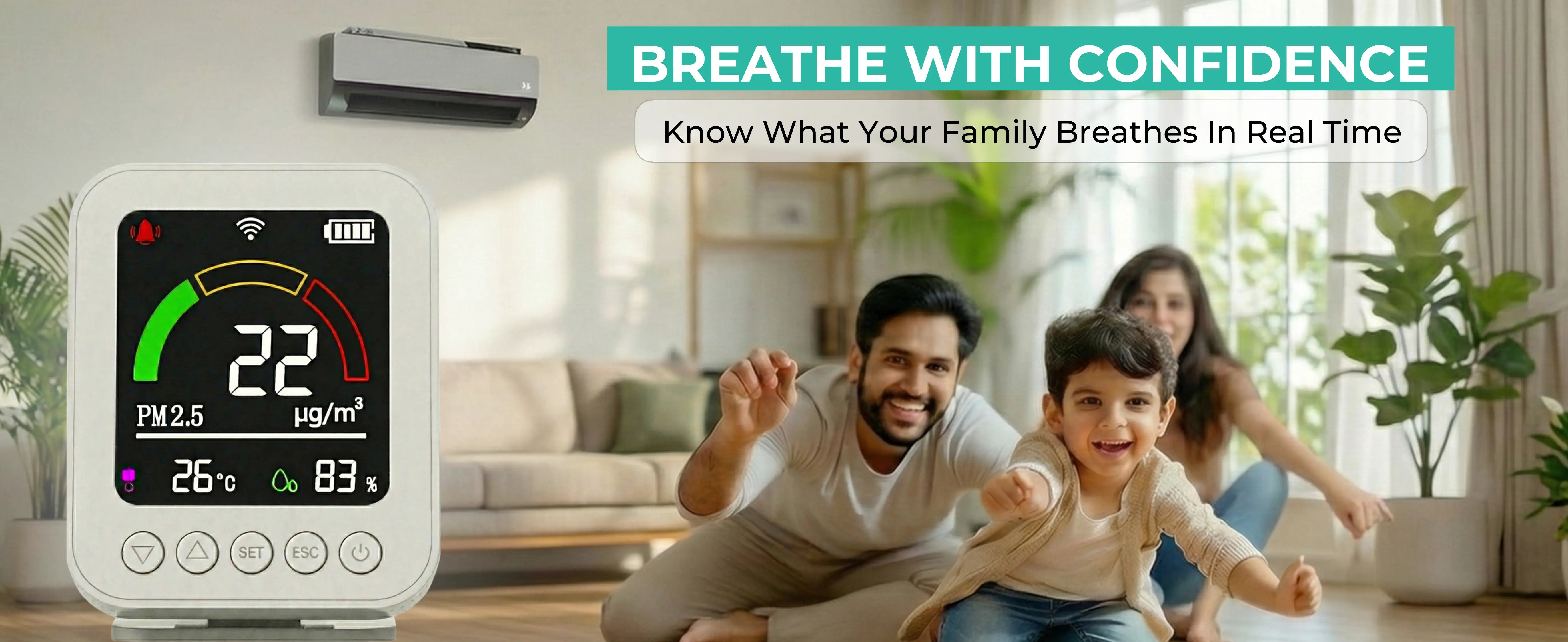 Smart Air Quality Monitor Image with Home & Family Background